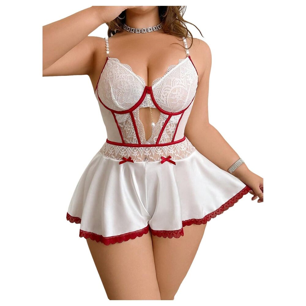 8129 Plus Size Lingerie Romper Pearl Beaded Cut Out Lace Flared Hem Cosplay